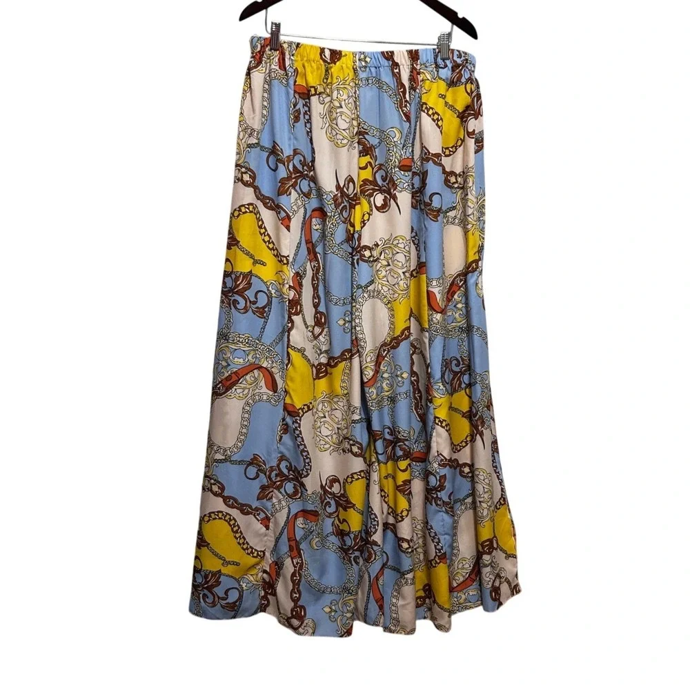 Truth‎ Womens Pants XL Blue Yellow Chain Print Wide Slit Leg Palazzo Boho Resort
